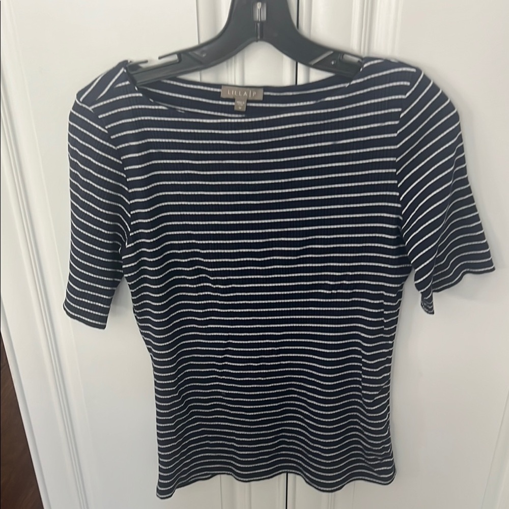 Lilla P Blue and White Fitted Short Sleeve Blouse